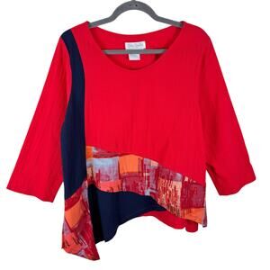 Great Cavalier By St. Paul Red Blue 3/4 Sleeve Asymmetrical Hem Cotton Blouse M
